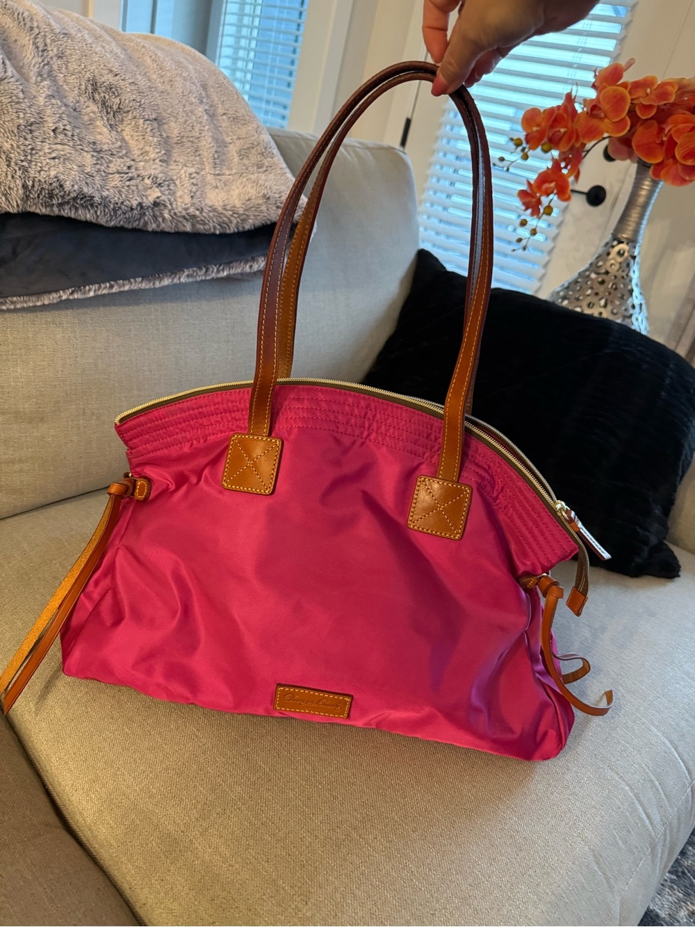 Dooney & Burke Hot Pink Large Duffle Tote with Brown Leather Trim - NWT - Picture 2 of 9